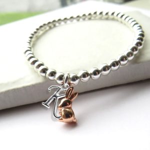 Personalised Initial Bunny Rabbit Charm Beaded Bracelet