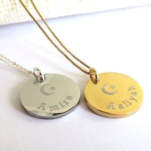 Personalised Eid Stainless Steel Disc Necklace Silver, Gold