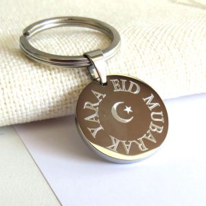 Personalised Edge Round Stainless Steel Keyring Eid Mubarak