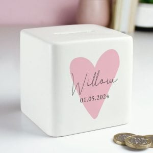 Girl's Personalised Pink Heart Ceramic Square Money Box