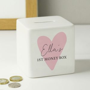 Girl's Personalised Pink Heart Ceramic Square Money Box