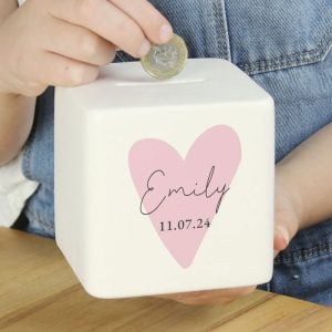 Girl's Personalised Pink Heart Ceramic Square Money Box