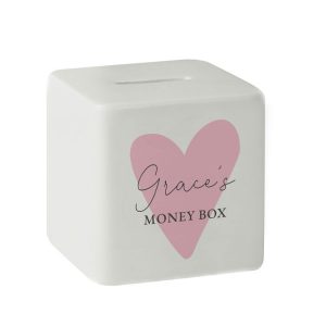 Girl's Personalised Pink Heart Ceramic Square Money Box