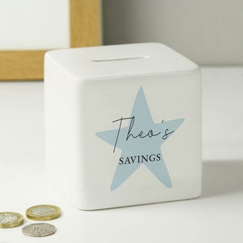 Boy's Personalised Blue Star Ceramic Square Money Box