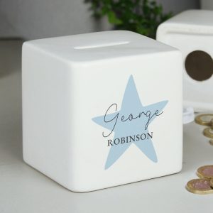 Boy's Personalised Blue Star Ceramic Square Money Box