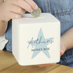 Boy's Personalised Blue Star Ceramic Square Money Box