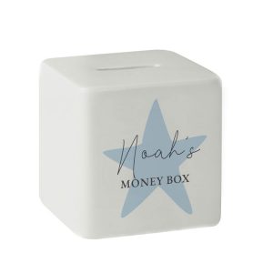 Boy's Personalised Blue Star Ceramic Square Money Box