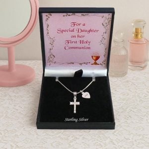 First Communion Silver & Crystal Cross Necklace With Heart
