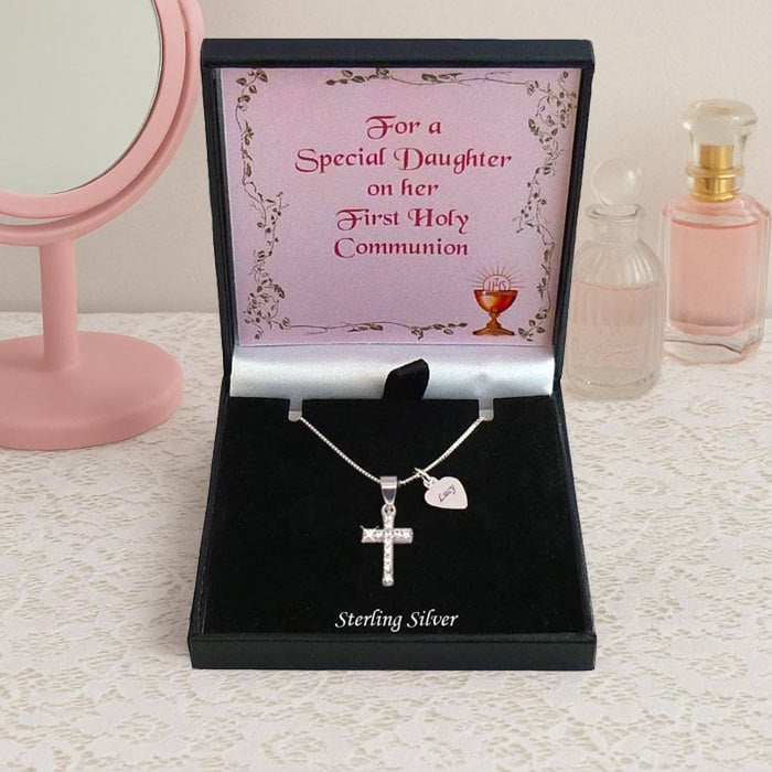 First Communion Silver & Crystal Cross Necklace With Heart