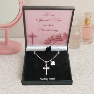 Girls Personalised Silver Crystal Christening Cross Necklace