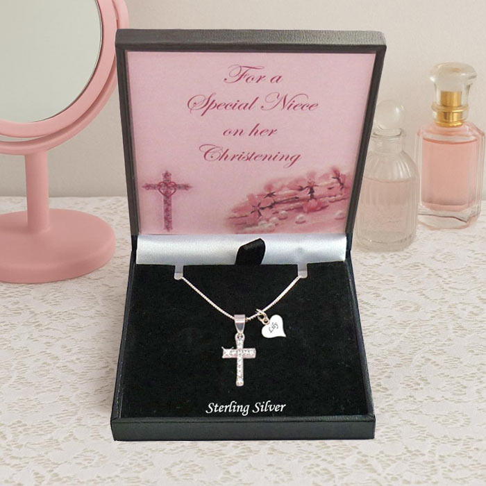 Girls Personalised Silver Crystal Christening Cross Necklace
