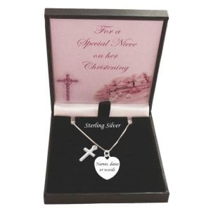 Engraved Silver Christening Day Necklace Heart & Cross