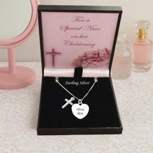Engraved Silver Christening Day Necklace Heart & Cross