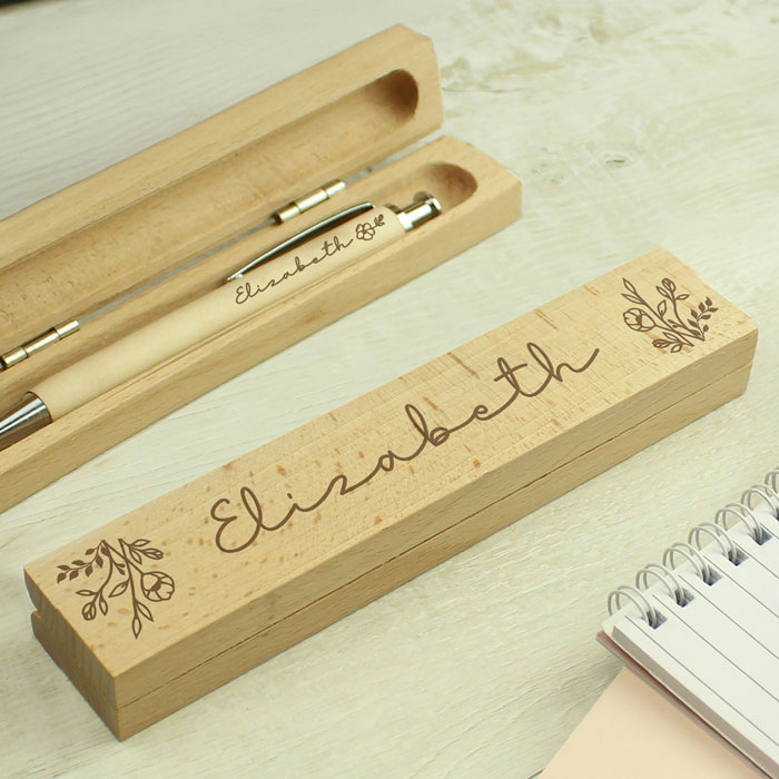 Personalised Floral Wooden Pen and Box Set