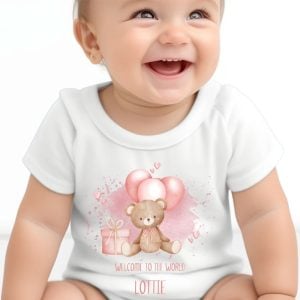 Personalised Pink Teddy & Balloons Baby Vest - Various Sizes