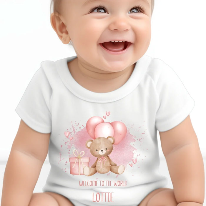 Personalised Pink Teddy & Balloons Baby Vest - Various Sizes