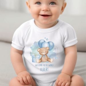 Personalised Blue Teddy & Balloons Baby Vest - Various Sizes