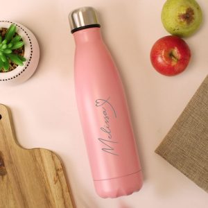 Personalised Heart Pink Metal Insulated Drinks Water Bottle