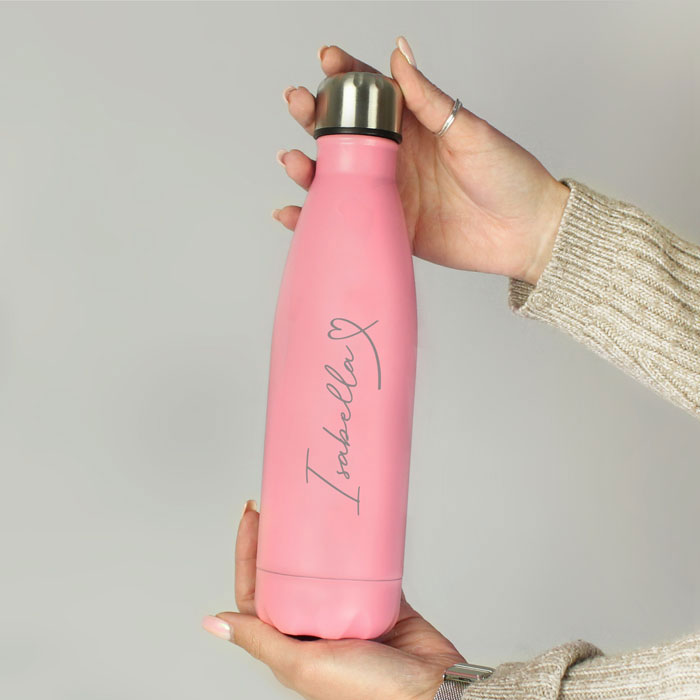 Personalised Heart Pink Metal Insulated Drinks Water Bottle