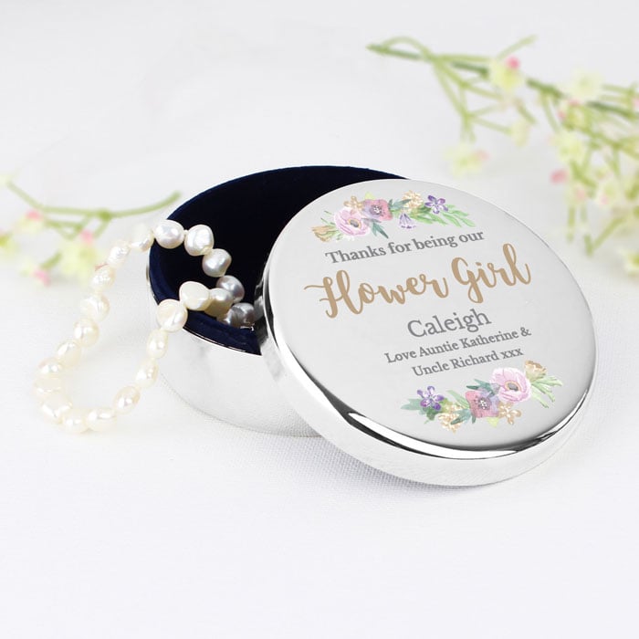 Personalised Floral Bridesmaid Flower Girl Round Trinket Box