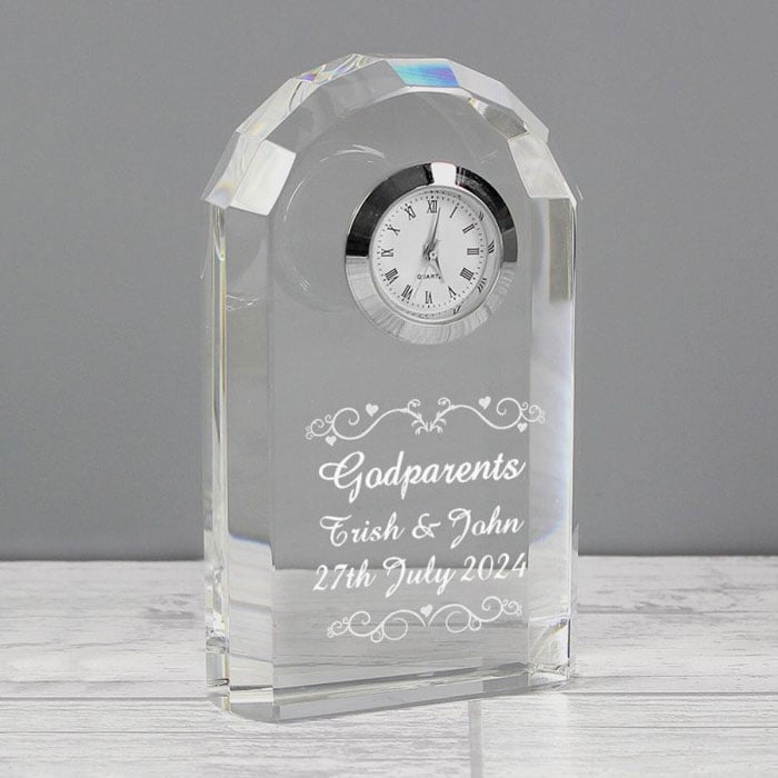 Personalised Godparent Heart Swirl Crystal Clock
