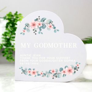 Personalised Wooden Free Standing Godmother Heart Ornament