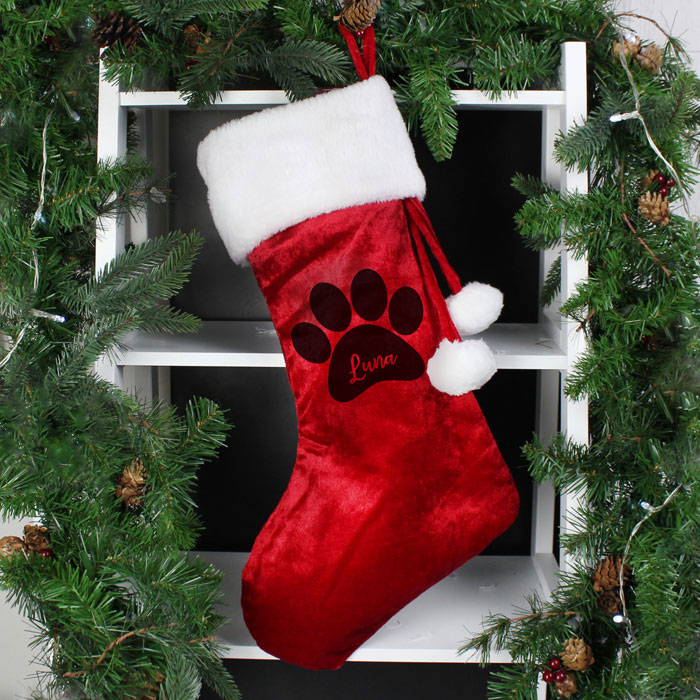 Personalised Paw Print Red Christmas Stocking Cat, Dog Etc.