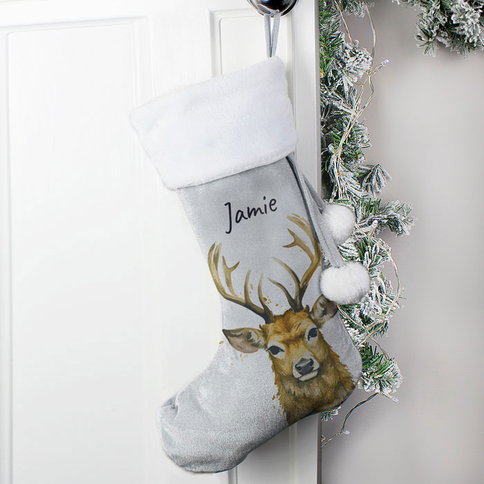 Personalised Stag Silver Grey Christmas Stocking