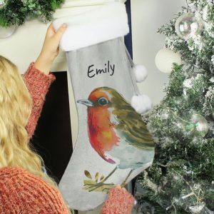 Personalised Robin Silver Christmas Stocking