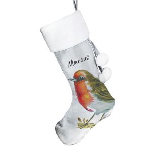 Personalised Robin Silver Christmas Stocking