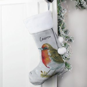 Personalised Robin Silver Christmas Stocking