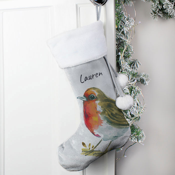 Personalised Robin Silver Christmas Stocking