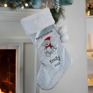 Personalised Christmas Teddy Silver Grey Stocking