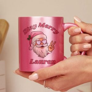 Personalised Stay Merry Santa Pink Ceramic Mug