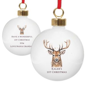 Personalised Watercolour Stag Christmas Tree Bauble