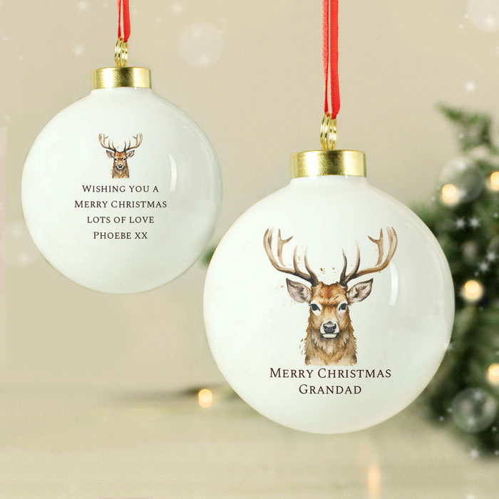 Personalised Watercolour Stag Christmas Tree Bauble