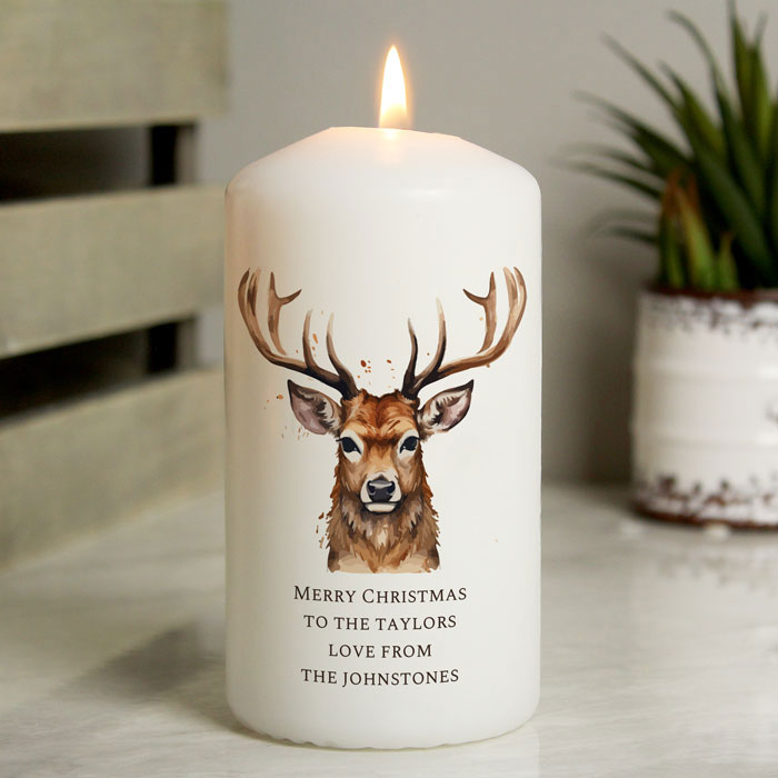 Personalised Watercolour Stag Wax Pillar Candle