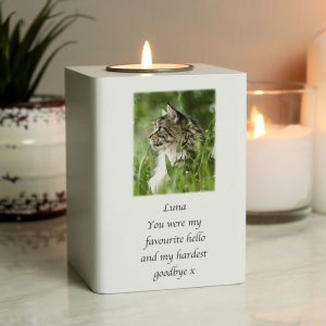 Personalised Pet Cat Photo Memorial Wooden Tealight Holder