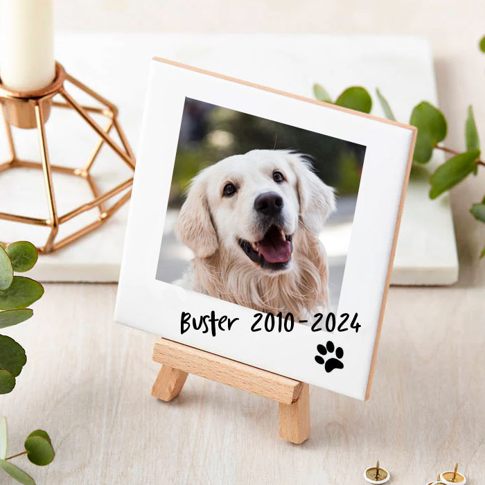 Personalised Dog Memorial Plaque Photo Upload Tile & Easel