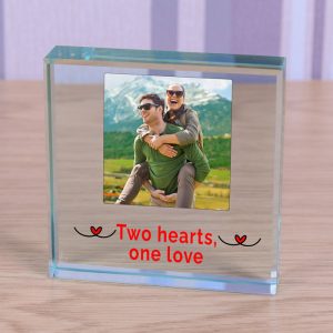 Two Hearts One Love Photo Upload Glass Keepsake Token