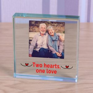 Two Hearts One Love Photo Upload Glass Keepsake Token