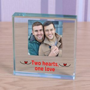 Two Hearts One Love Photo Upload Glass Keepsake Token