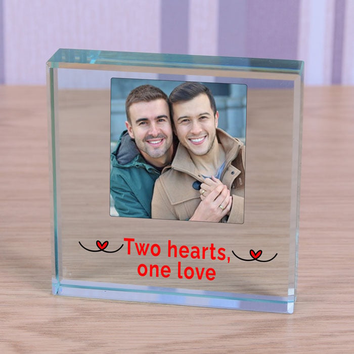 Two Hearts One Love Photo Upload Glass Keepsake Token