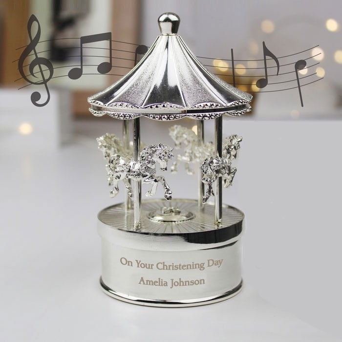 Personalised Baby Musical Carousel Silver Christening Gift
