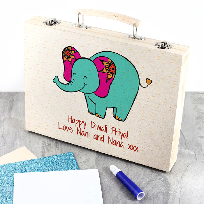 Kids Personalised Diwali Gift Elephant Art Set & Wooden Case