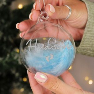 Personalised Blue Feather Silver Footprints Glass Bauble