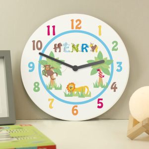 Personalised Blue Animal Alphabet Wooden Wall Clock