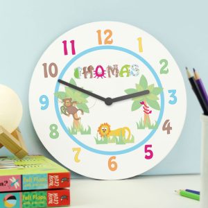 Personalised Blue Animal Alphabet Wooden Wall Clock