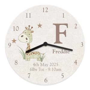 Personalised Hessian Giraffe Shabby Chic Large Wooden Clock