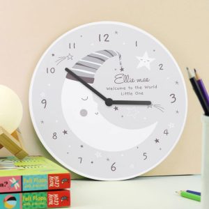 Personalised Moon Wooden Nursery Clock Baby Boy or Girl